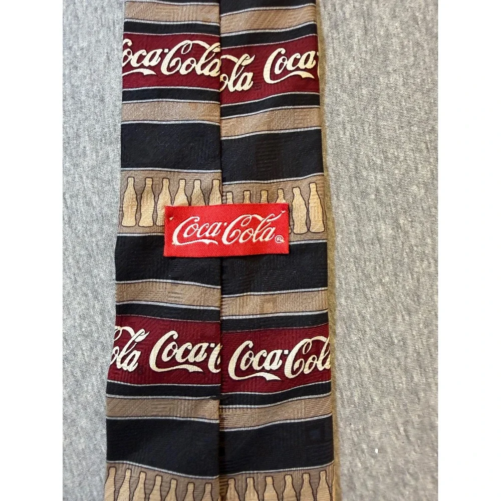 Vintage Coca-Cola Silk Tie Mens Navy Burgundy Striped Bottle Logo Made in USA